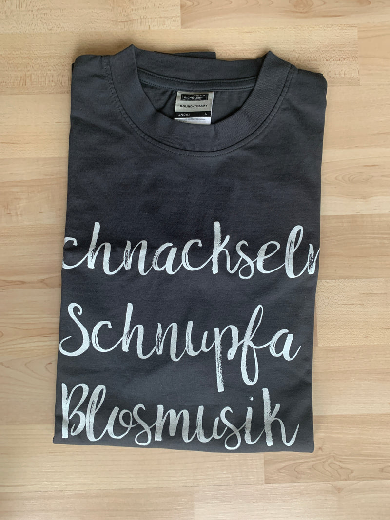 T- Shirt Herren "Schnackseln Schnupfa Blosmusik" Graphite Gr. L