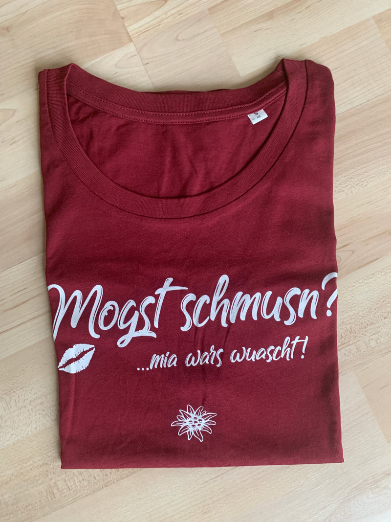 T-Shirt Damen " Mogst schmusn?...mia wars wuascht!" Rot Gr. S