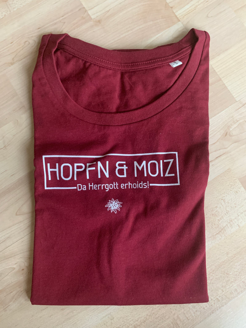 T-Shirt Damen "HOPFN&MOIZ Da Herrgott erhoids!" burgundy Gr. S